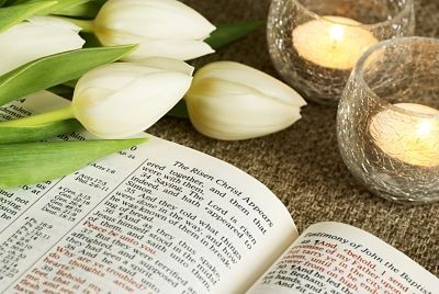 Bible opened on story about resurrection of Jesus and bunch of tulips.
